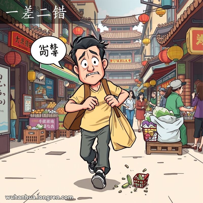 一位武汉男子在街道上被绊倒，物品散落一地，脸上露出惊讶和懊恼的表情，背景是热闹的市场场景