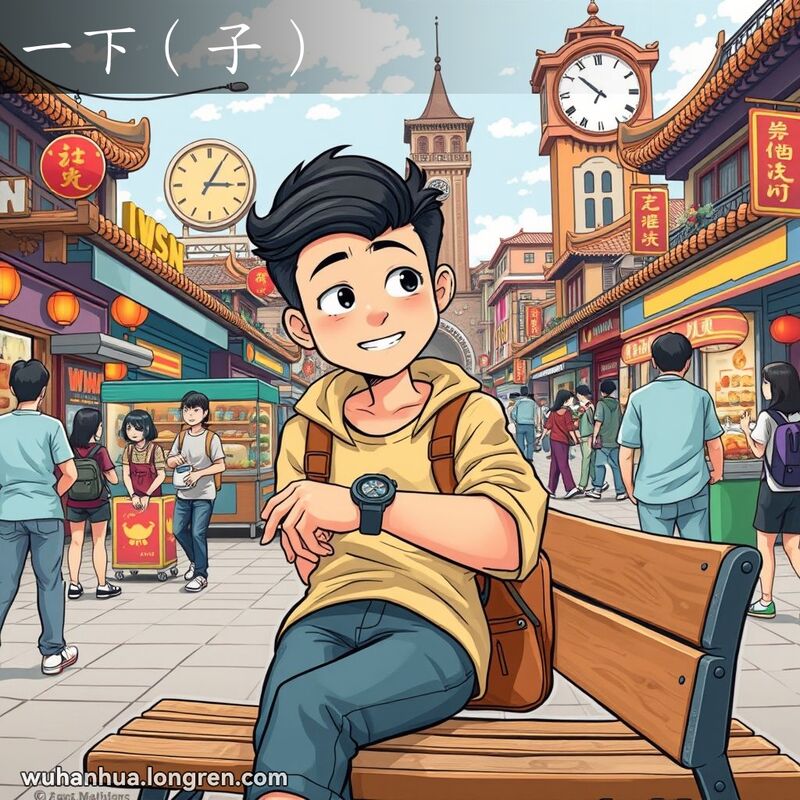 一位年轻人坐在武汉街头的长椅上，低头看着手表，背景是繁忙的街景，表现“一下（子）”的意思。