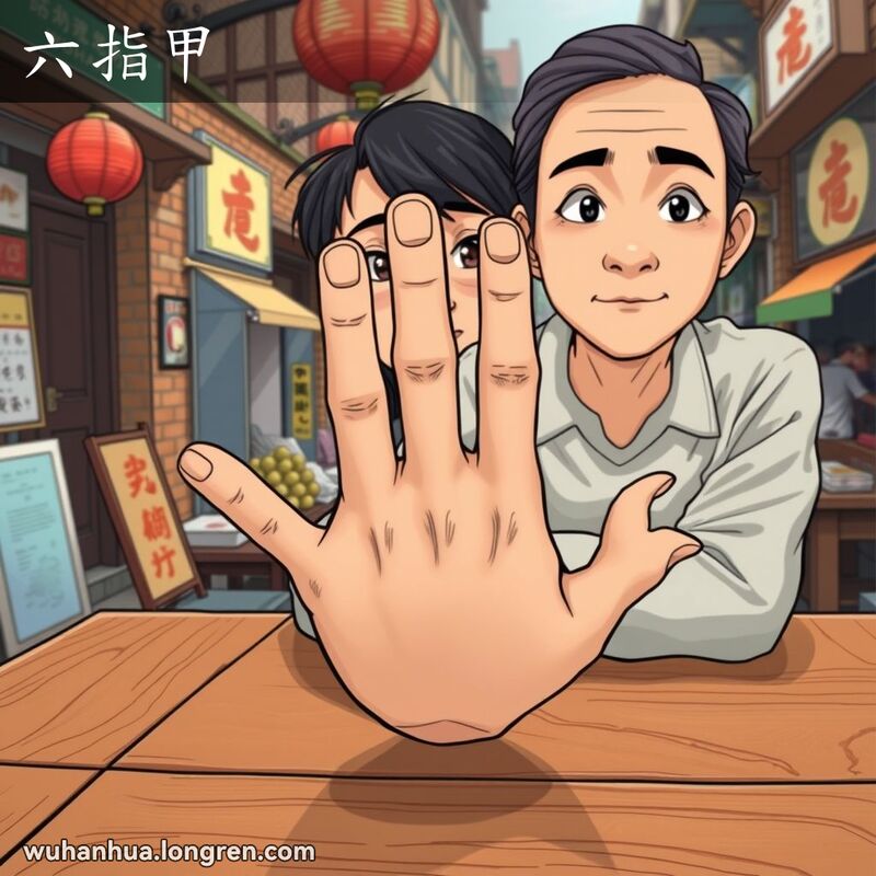 一只有六个手指的手放在木桌上，背景是武汉老街景