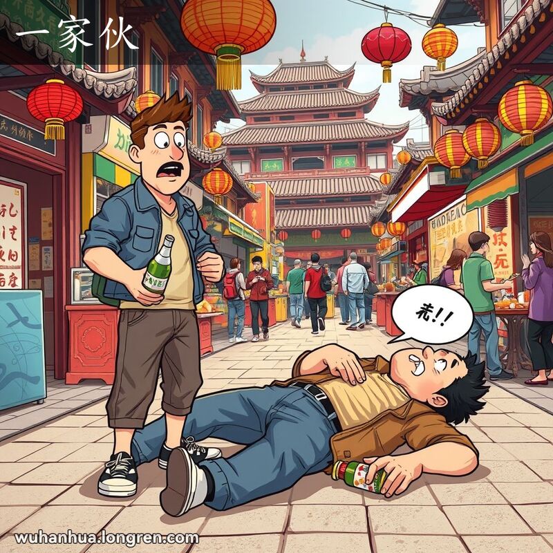 武汉街头，一位男子手持啤酒瓶，惊讶地看着另一位醉倒在地的男子，背景是繁忙的街市。