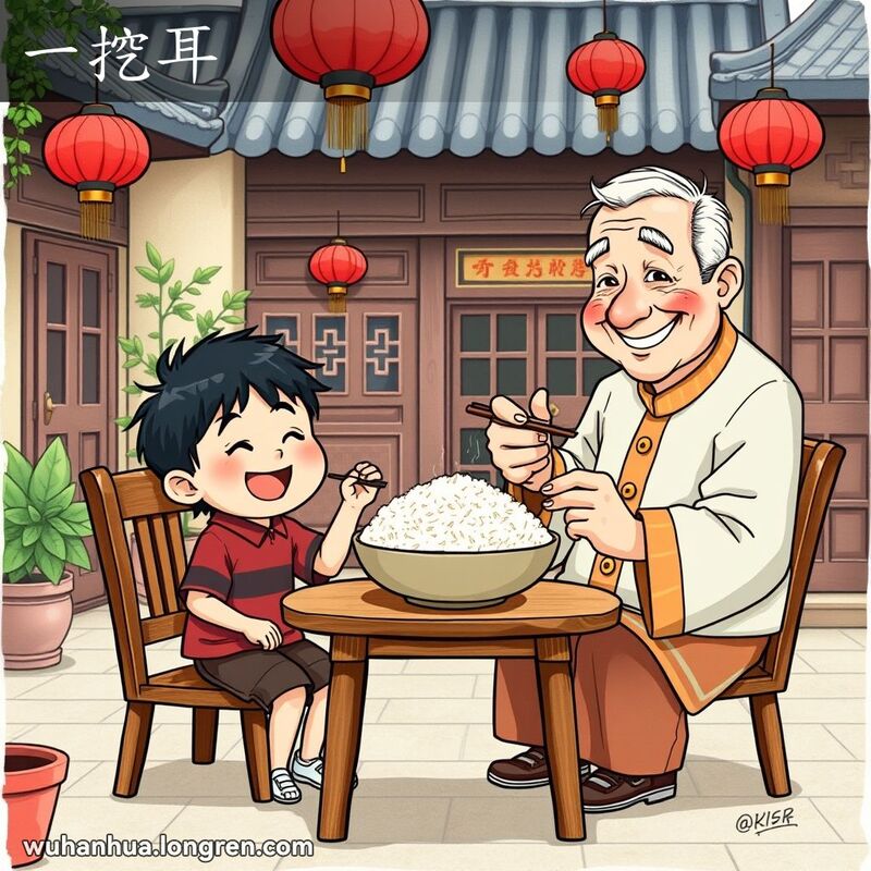 一位学生和老师在庭院中吃饭，学生吃大碗米饭，老师只吃一小份，背景有红灯笼和绿植