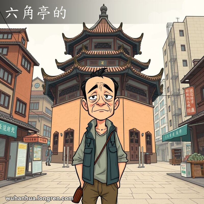 一位男子站在六角亭前，表情困惑，穿着不搭配的衣服，背景是武汉老街景