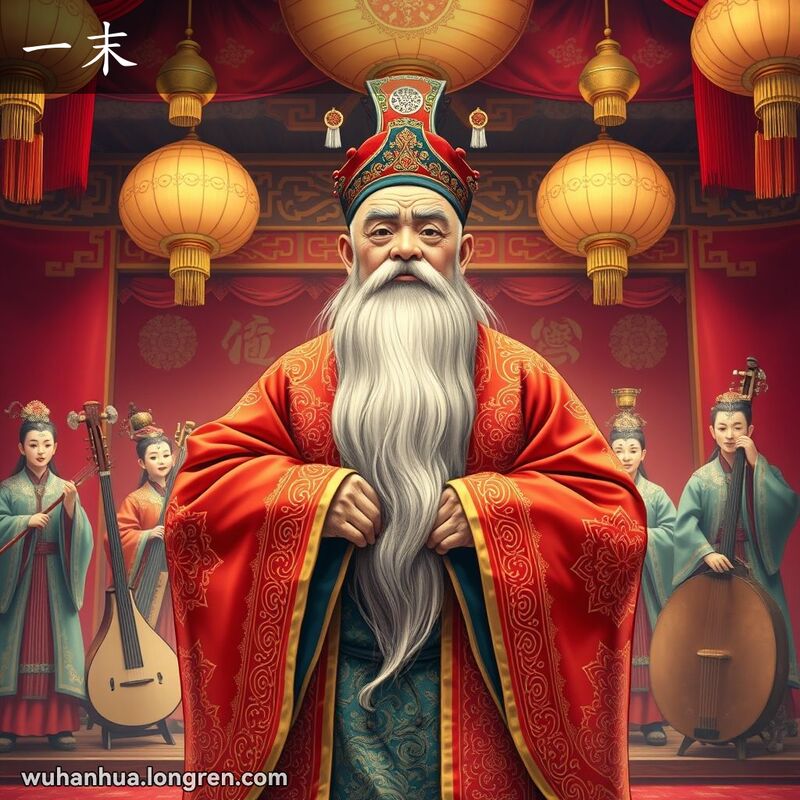 一位老生角色站在戏曲舞台上，手持长须，背景有其他戏曲演员和传统乐器。