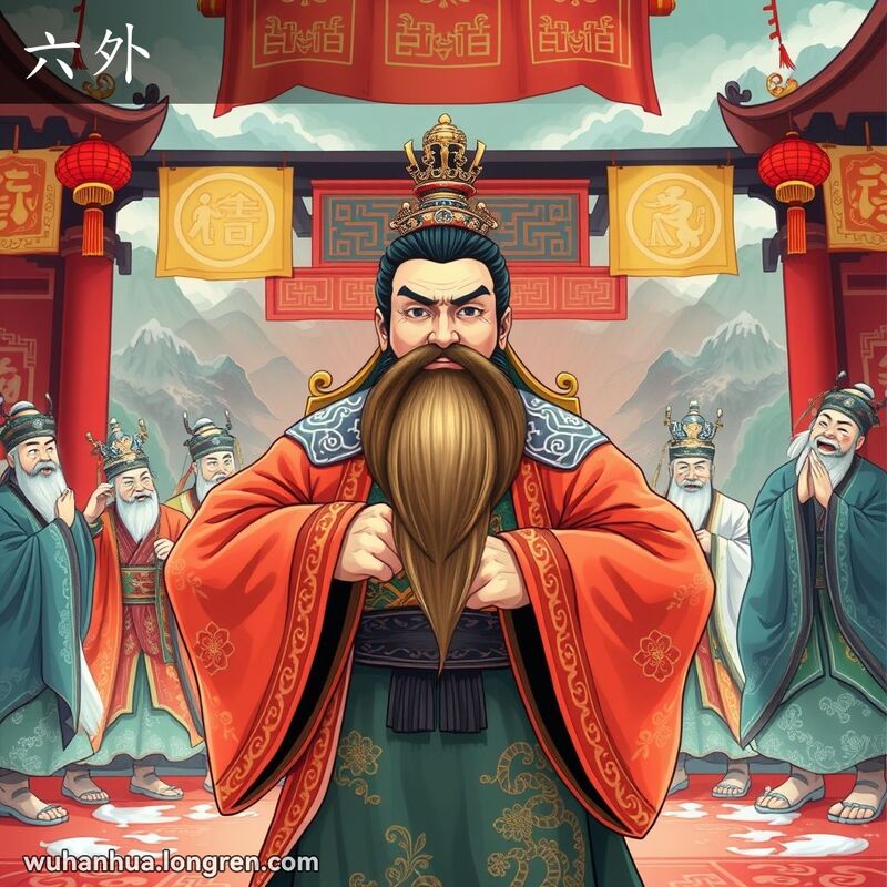 一个传统中国戏曲舞台场景，主角是扮演“六外”的男演员，穿着精致的戏服，脸上挂着标志性的胡须，摆出威严的姿势。