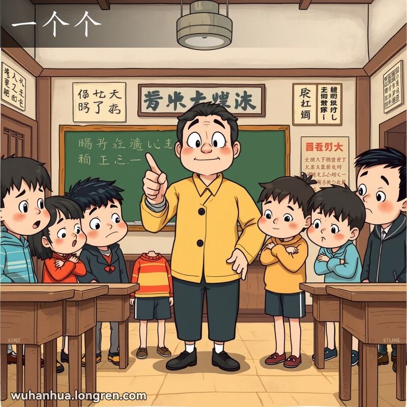 一位老师在教室里一个个地指责调皮的学生，背景是旧木桌和黑板
