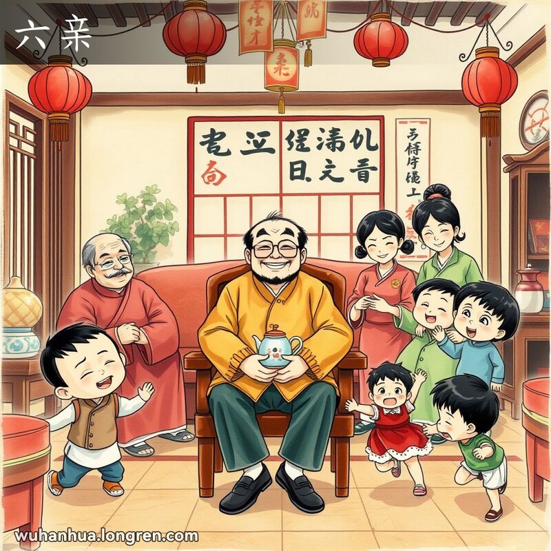 一个传统中国家庭聚会场景，中年男子坐在木椅上，周围是他的父母、兄弟、妻子和孩子，背景有红灯笼和古典家具
