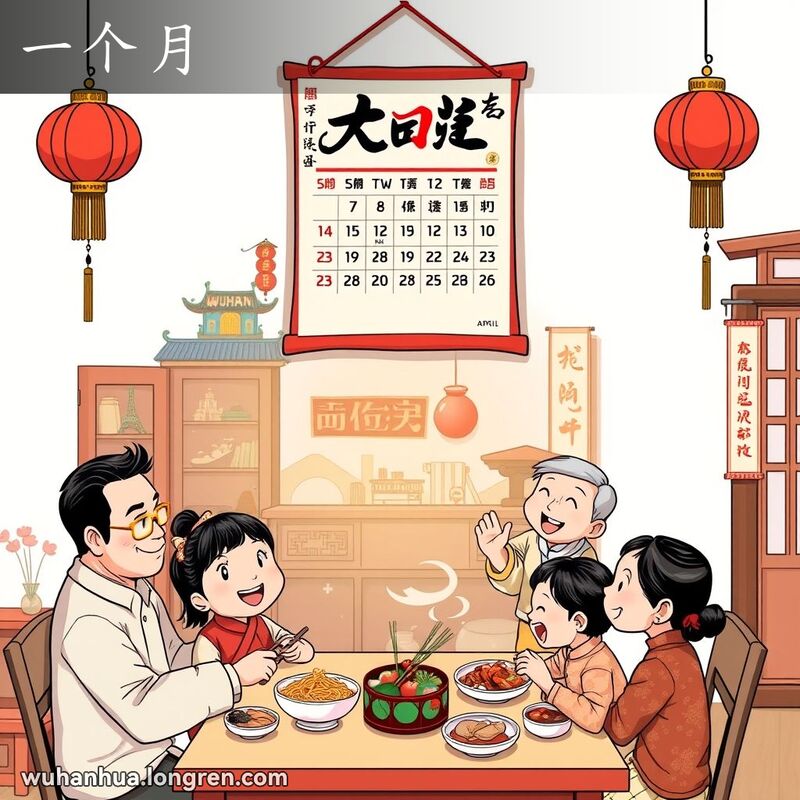 一个传统的武汉挂历，四月份被突出显示，挂历下方一家人围坐在餐桌旁享受家庭聚餐，背景是温馨的家庭环境。