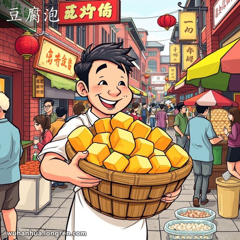 武汉街头市场，小贩微笑着手持装有金黄豆腐泡的竹篮，周围食客围观，背景有其他小吃摊和五彩遮阳伞