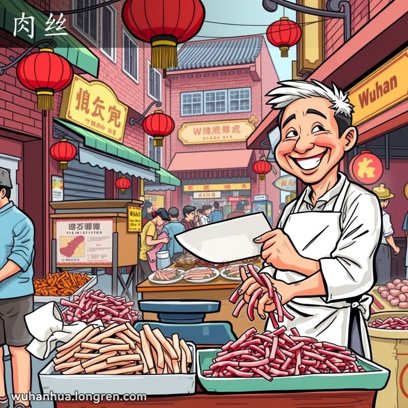 武汉街头市场，摊贩切肉丝，背景有红砖墙和五彩摊位