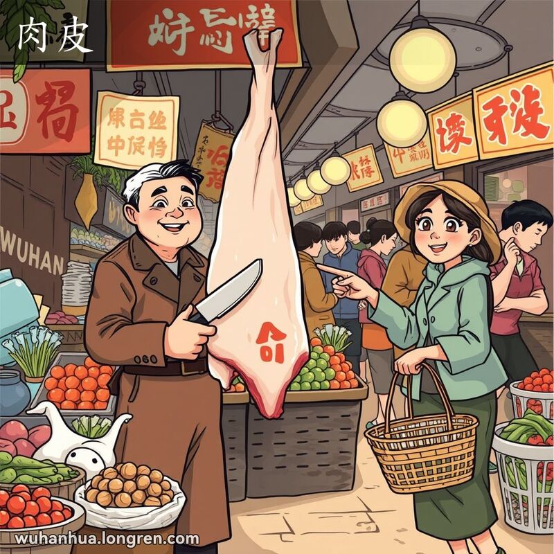 武汉传统市场，摊位上挂着新鲜猪肉皮，摊主准备切割，顾客指着猪肉皮表示兴趣，背景是热闹的市场场景