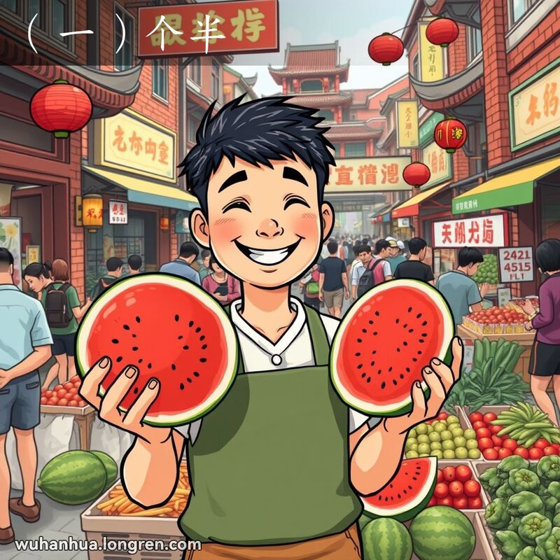 武汉市场摊贩手持一个完整的大西瓜和半个西瓜，展示给顾客，背景是武汉老街景