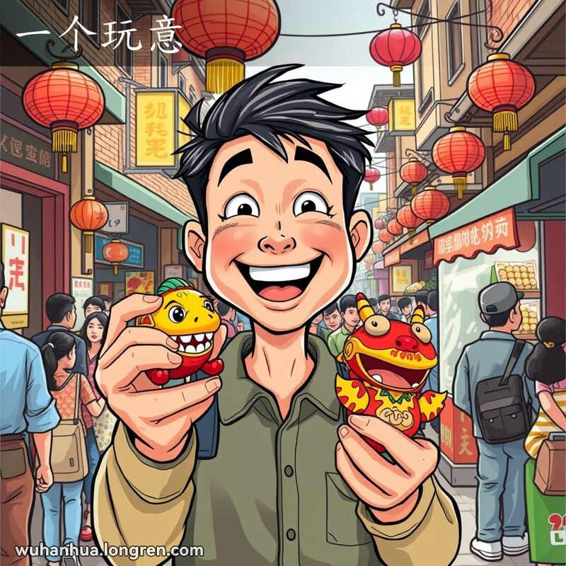 一位武汉男子在街市上手持精美玩具，露出兴奋的笑容，背景是武汉传统街市。