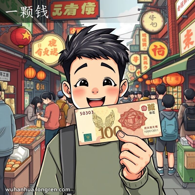 一个年轻人在武汉街市上手持一张100元人民币，背景是热闹的街市景象