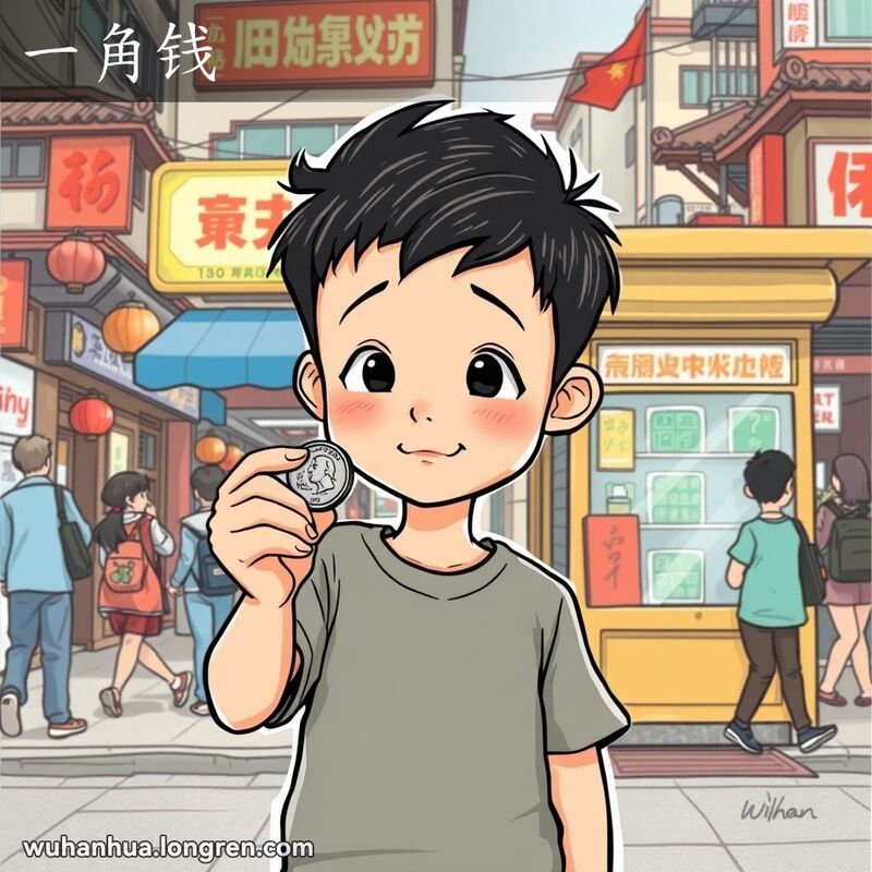 一位武汉小男孩站在小卖部前，手持一角钱，露出好奇且略显困惑的表情，背景是繁忙的武汉街道。