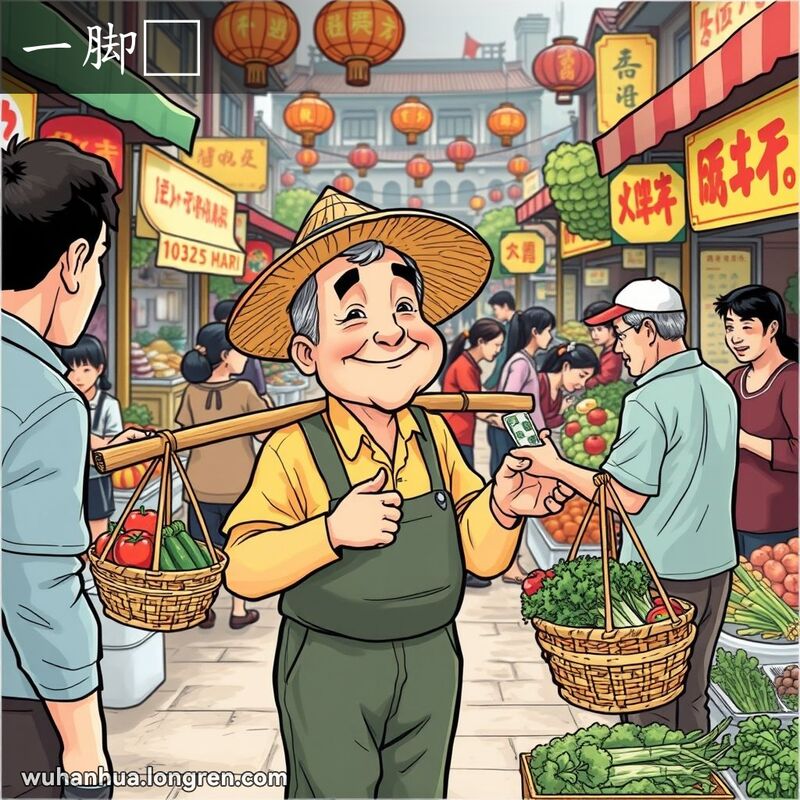 一个中年男子在武汉市场上挑着一担蔬菜，脸上露出满意的笑容，表明他已经把所有的货物都卖完了。