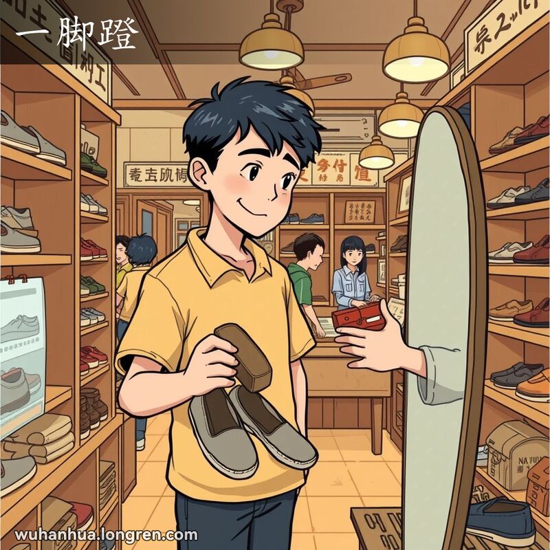 一位武汉年轻人在鞋店试穿一脚蹬鞋，背景是温馨的武汉鞋店