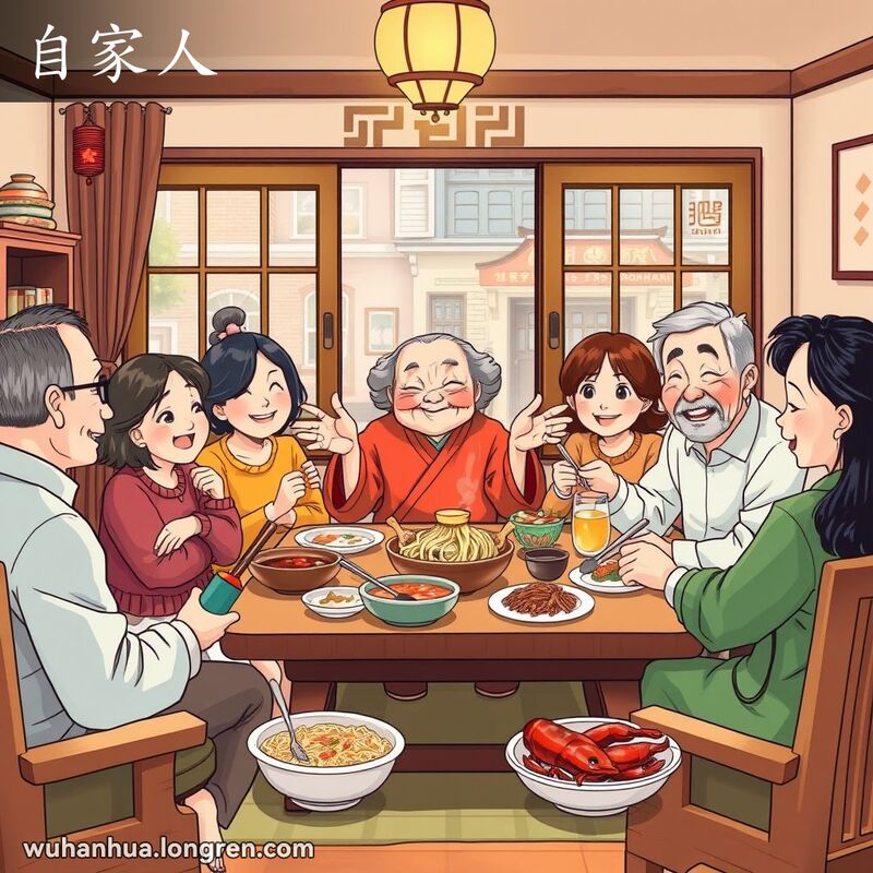 一群亲密的朋友和家人在武汉传统家庭的温馨客厅里围坐在一起，享受美食和欢乐时光，老奶奶微笑着招呼大家不要客气。