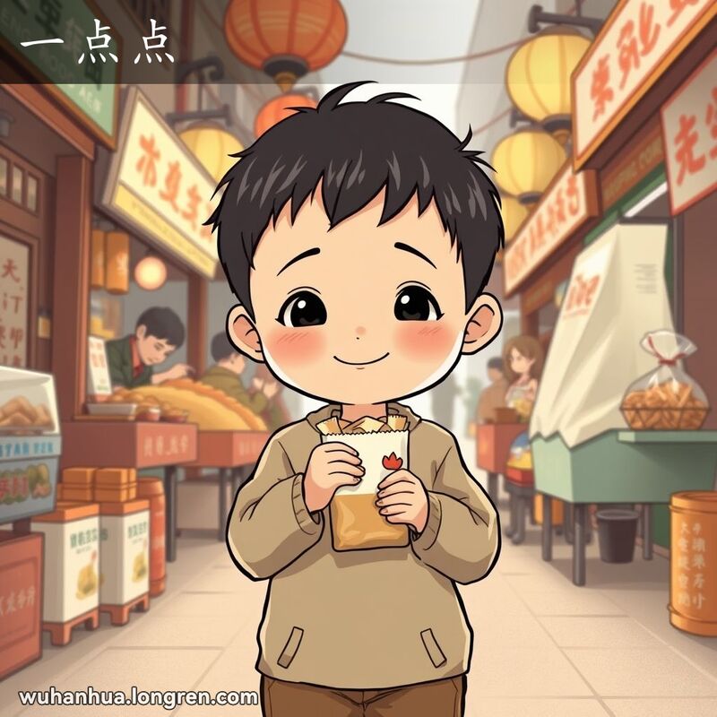 一个五岁左右的孩子在武汉街市中拿着一小袋零食，背景是热闹的市场摊位