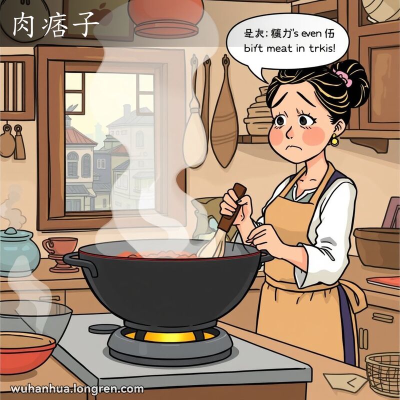 一位武汉妇女在厨房炒菜，低头看着锅里，脸上露出失望的表情，背景是武汉老厨房