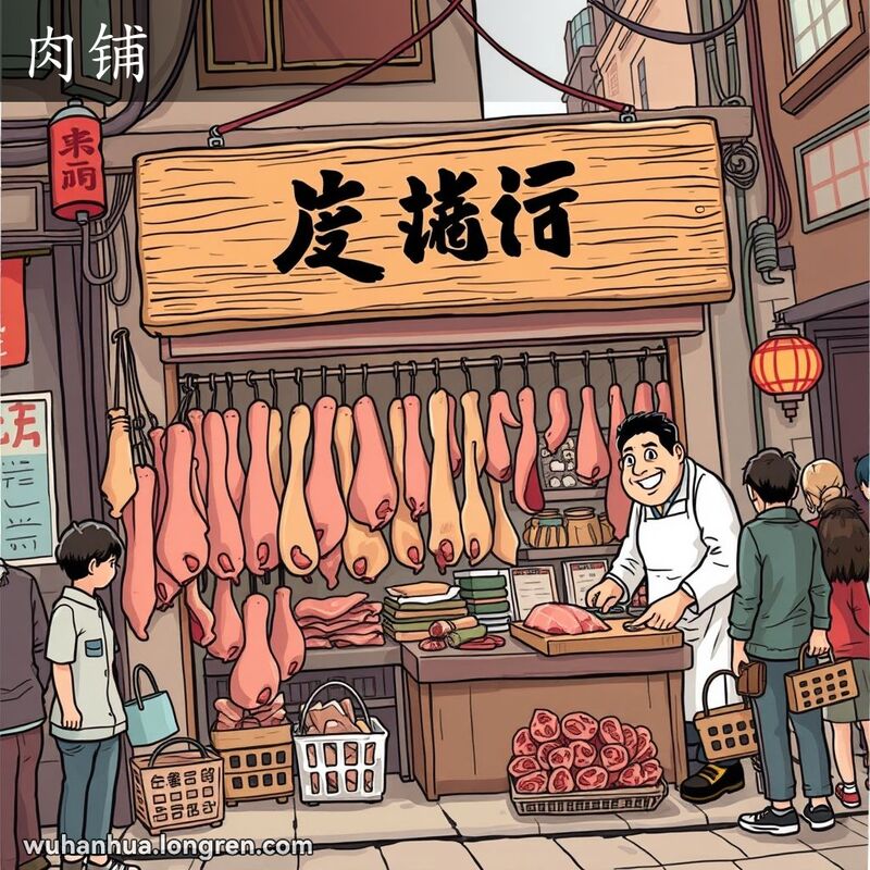 武汉老街上的传统肉铺，屠夫在切肉，顾客排队等待，背景有其他小摊贩和行人。