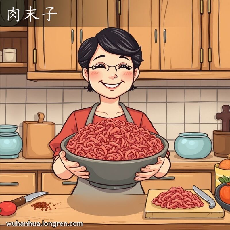 一位中年妇女在厨房中手持一碗肉末，脸上带着自豪的笑容，背景是忙碌的厨房环境