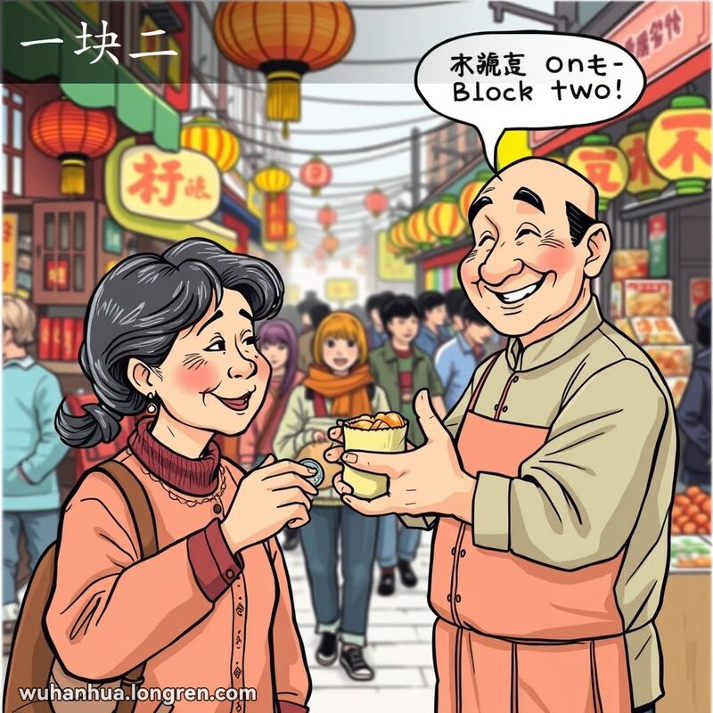 武汉街头市场，一位妇女正与小贩交易，小贩比划价格说“一块二”，背景是热闹的摊位和行人