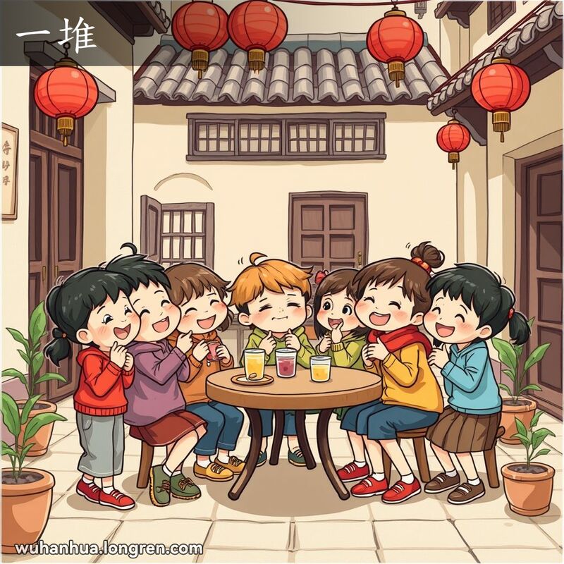 一群孩子在武汉小院子里一起玩耍，分享零食，笑声不断，背景是武汉老式建筑和红灯笼