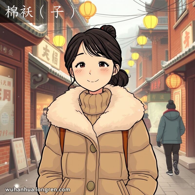 一位年轻女子在武汉冬季街头，身穿厚实的棉袄，背景是武汉老街景