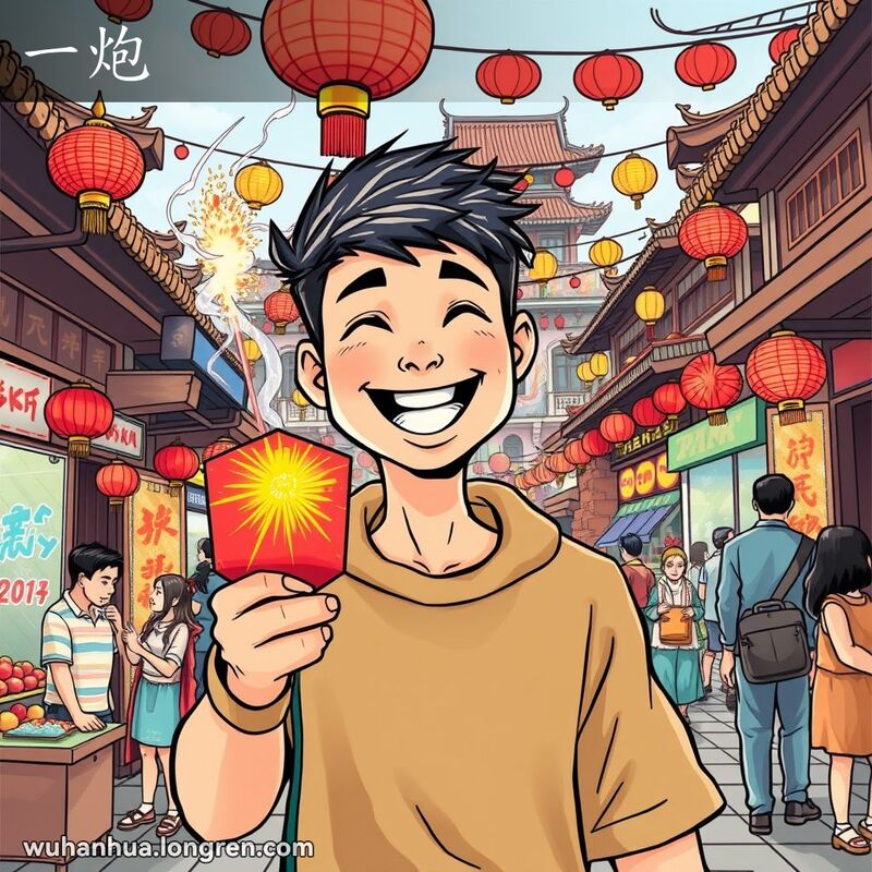一位年轻男子在武汉街头手持大型鞭炮，背景是节日庆祝场景