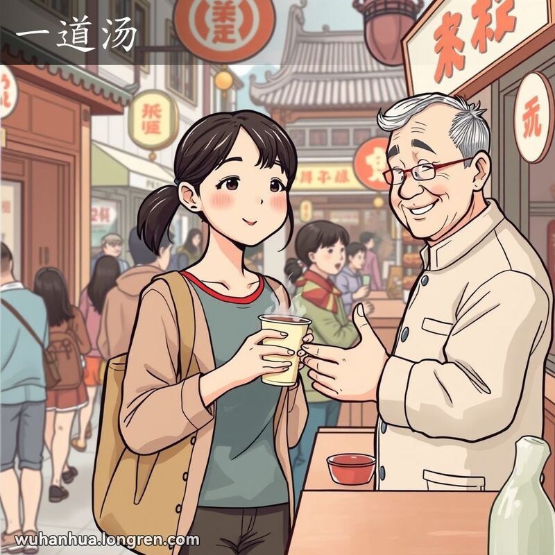 一位年轻女子在武汉街头小店前手持一次性杯子，店主微笑递杯，背景有其他顾客和店铺招牌