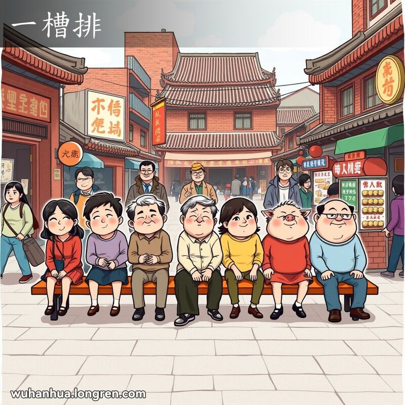 一群人坐在长凳上排成一行，背景是武汉老街景，表现“一槽排”的意思。