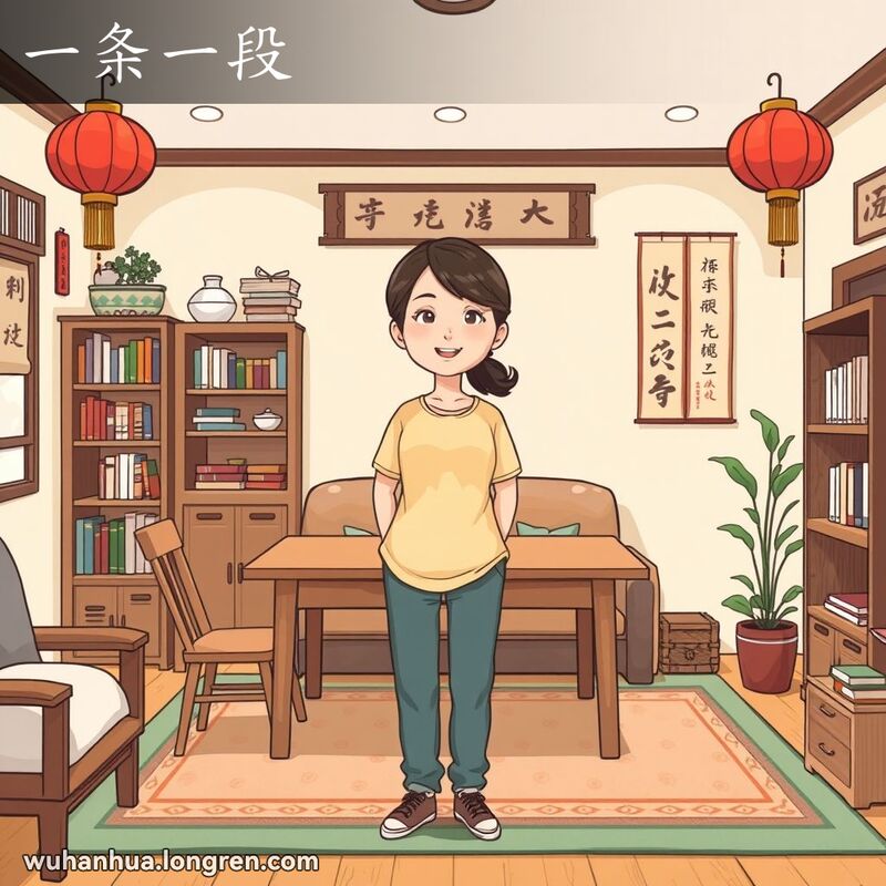 一个整洁有序的武汉传统家庭客厅，一位女性满意地看着整洁的房间，背景有红灯笼和书法挂轴