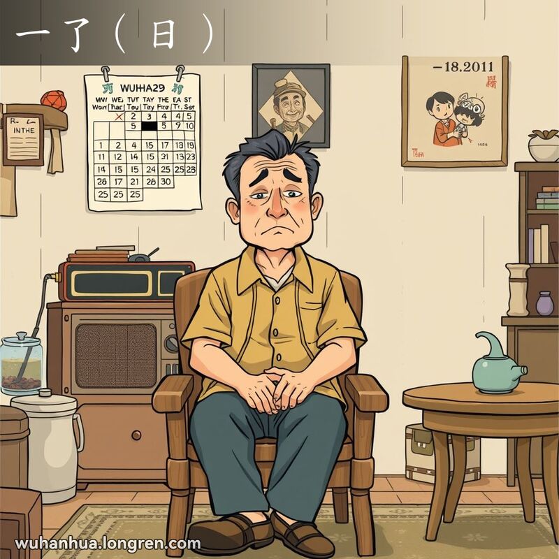 一位中年武汉男子坐在家中，神情忧虑，背景是温馨的客厅和日历，表示时间的流逝。