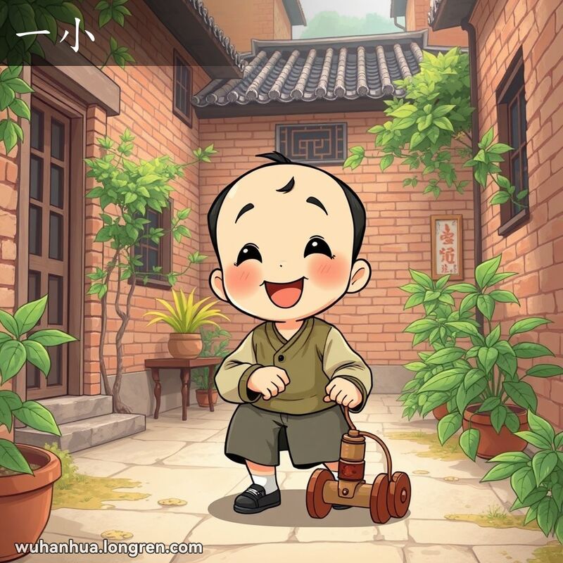 一个孩子在武汉传统院子里玩耍，手拿木制玩具，脸上露出天真无邪的笑容，背景是武汉老城区的传统建筑和绿植