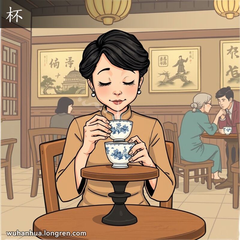 一位中年妇女在武汉茶馆中手捧精致的蓝白瓷茶杯，背景是宁静的茶馆环境