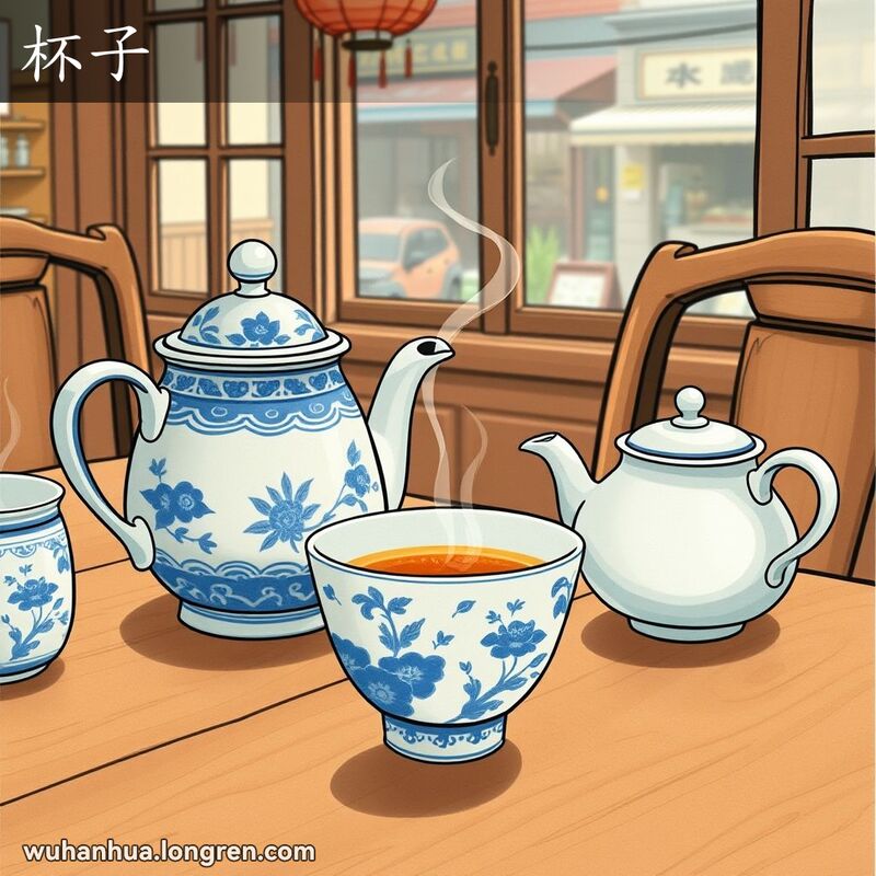 一个传统武汉茶馆，桌上有蓝白瓷茶具，茶杯中冒着热气，背景是老式木椅和繁忙的街景
