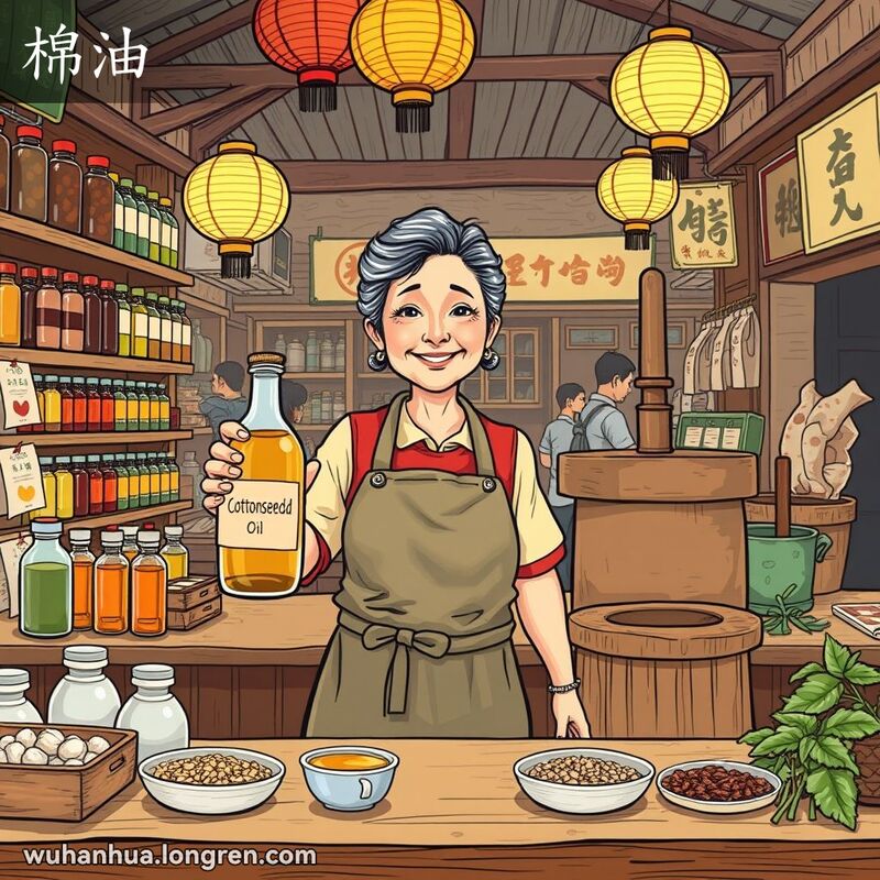 一位中年妇女在武汉市场柜台后手持棉籽油瓶和量杯，背景是提取设备和货架。