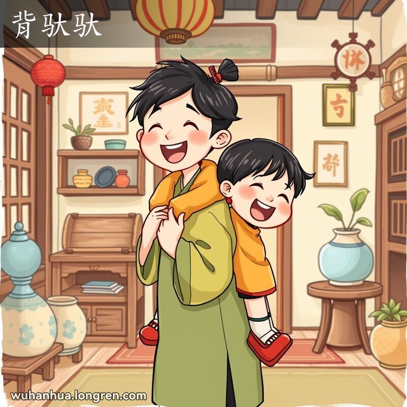 一位成年人背着一个小孩，两人在温馨的老武汉家庭环境中开心地笑着，反映了“背驮驮”的温馨场景。
