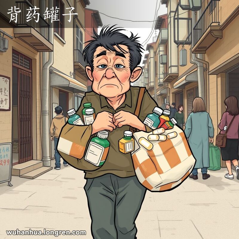 一位中年武汉市民背着装满药瓶的大包，步履蹒跚，神情疲惫，背景是武汉老街景