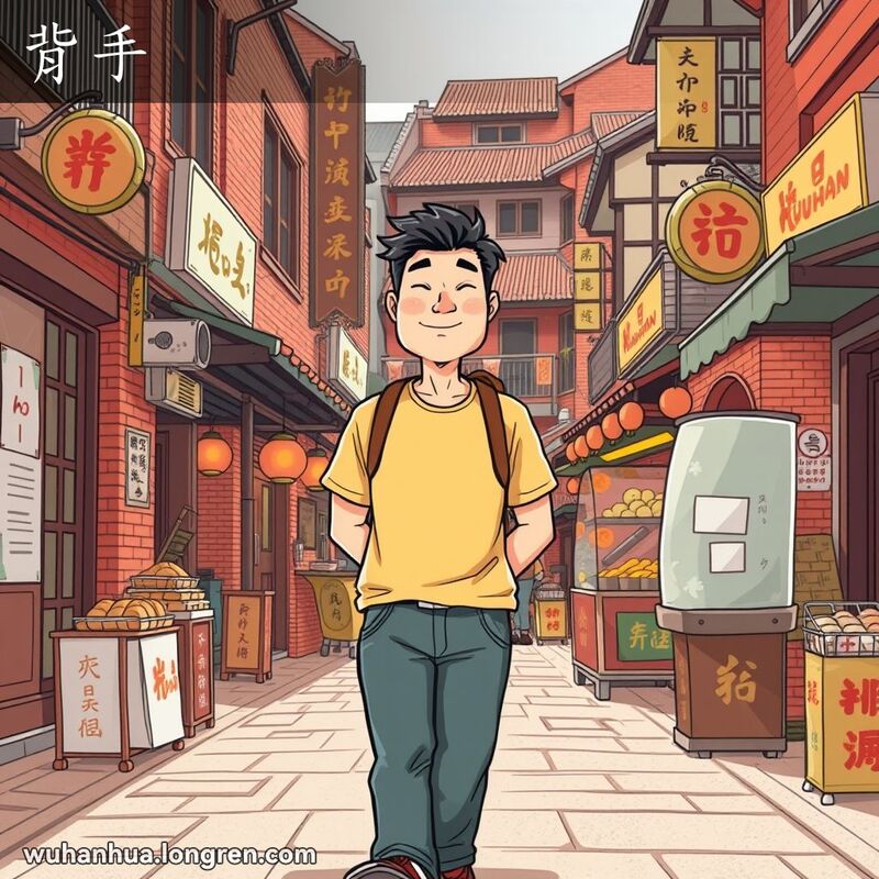 一位武汉男子双手背在身后，悠闲地漫步在武汉老街上，背景有红砖墙和市场摊位