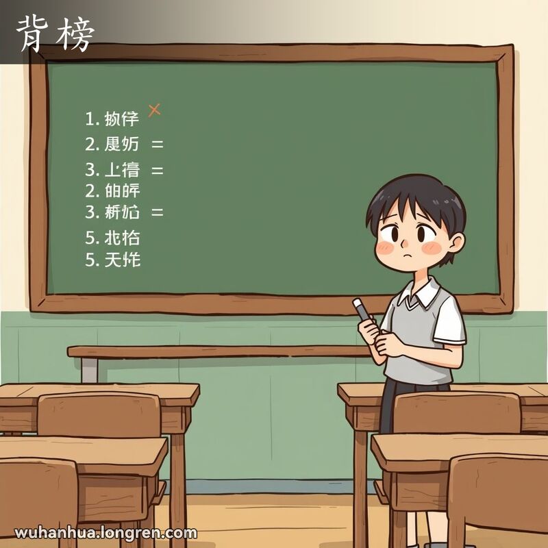 一位学生站在教室黑板旁，黑板上挂着考试成绩榜，最后一个名字旁边打了一个红色的对勾，学生露出失望的表情。