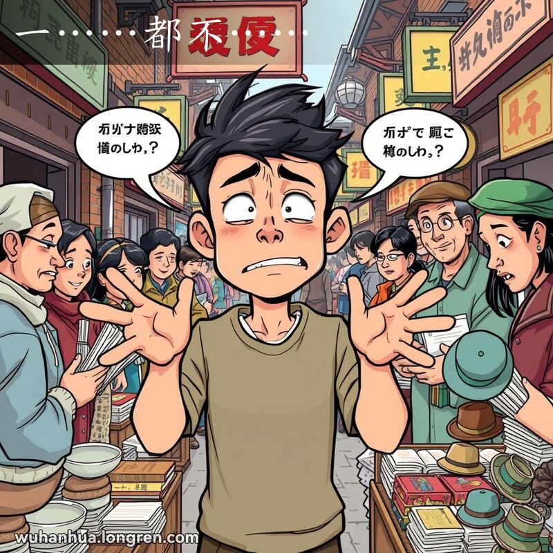 一位年轻男子在武汉街市中，周围摊贩售卖各种物品，他显得非常沮丧，表达什么都没有的意思。