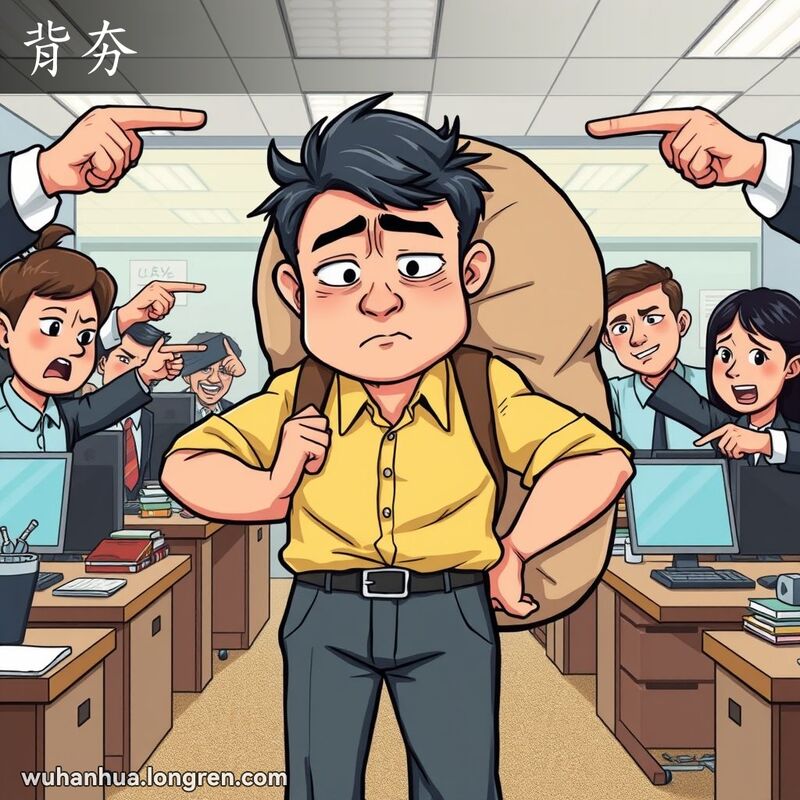 一位武汉男子在办公室被同事指责，背着重担，表情沉重，象征背黑锅的情景
