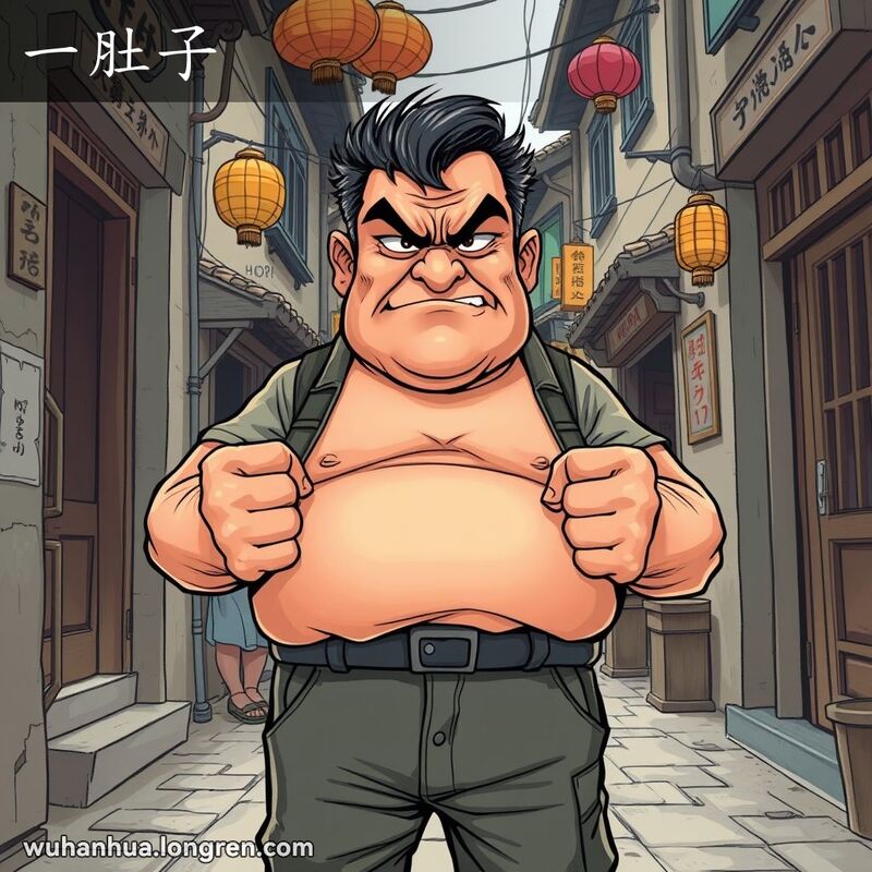一位中年武汉男子站在老街巷子里，满脸怒气，拳头紧握，表情严肃，背景是武汉老街景。