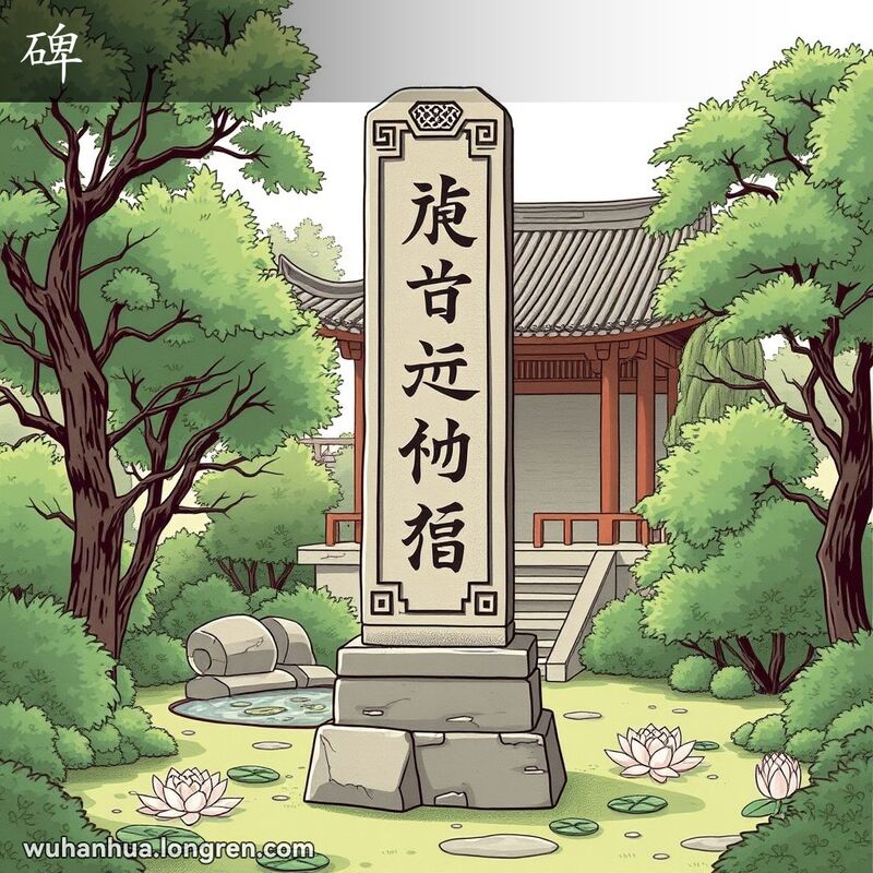一块传统中国石碑矗立在宁静的园林中，周围有绿树和莲花池塘，背景是中国亭子，画面庄重。