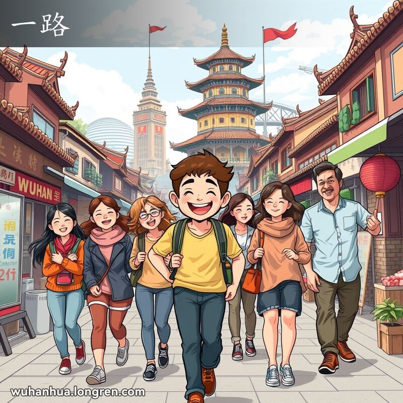 一群朋友在武汉街头一起行走，笑着聊着，背景有黄鹤楼和长江大桥。