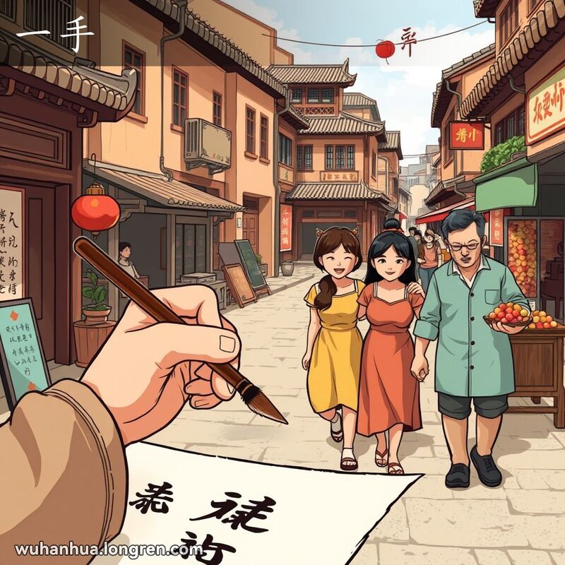 一位书法家在街头写字，展示技能；两位朋友勾肩搭背，象征特殊关系；小贩手捧水果，象征满手。