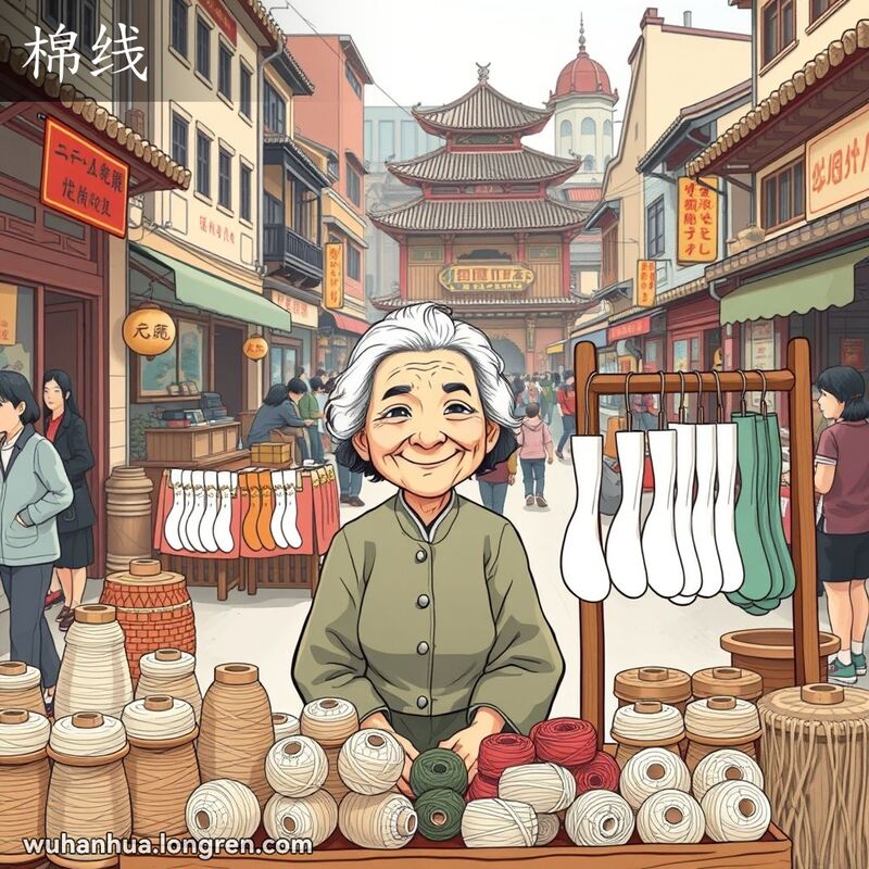 一位年长的武汉妇女在街市摊位前，周围摆放着各色棉线纱筒，背景展示用棉线织成的袜子和手套