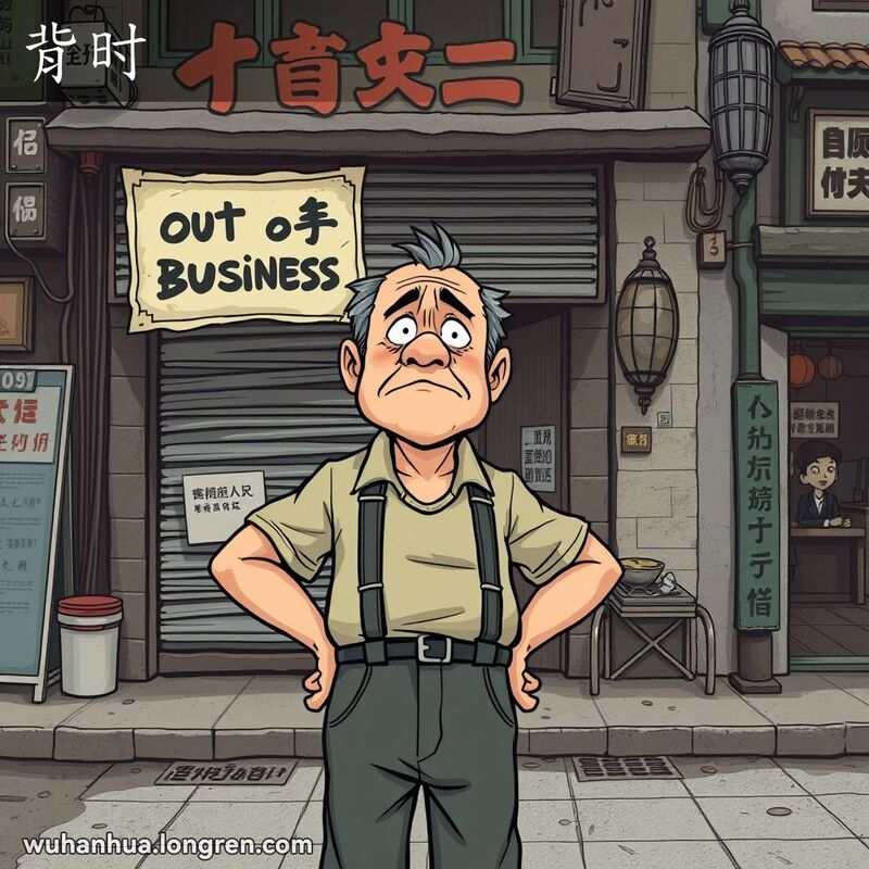 一位中年武汉市民站在关门的店铺前，脸上露出失望和沮丧的表情，背景是武汉老街景