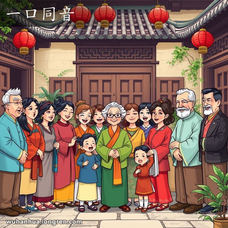 一群穿着传统服饰的武汉市民在老院子里围成一圈，口型一致，表情和谐，背景有木门、红灯笼和绿植